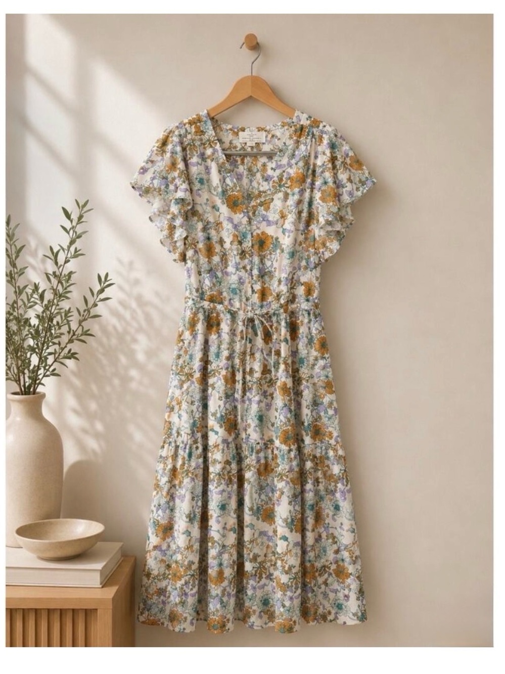 Trovata Birds of Paradis Tiered Cotton Dress flutter sleeve tie waist small NWOT